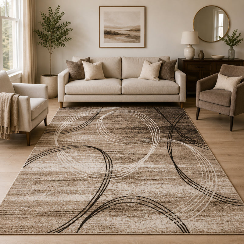 Teppich Kurzflor Modern sehr dicht gewebt Kreisel Muster Meliert in Braun Beige-zoom-