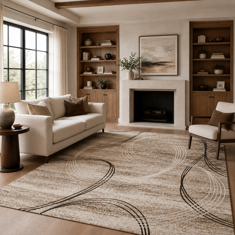 Teppich Kurzflor Modern sehr dicht gewebt Kreisel Muster Meliert in Braun Beige-zoom-