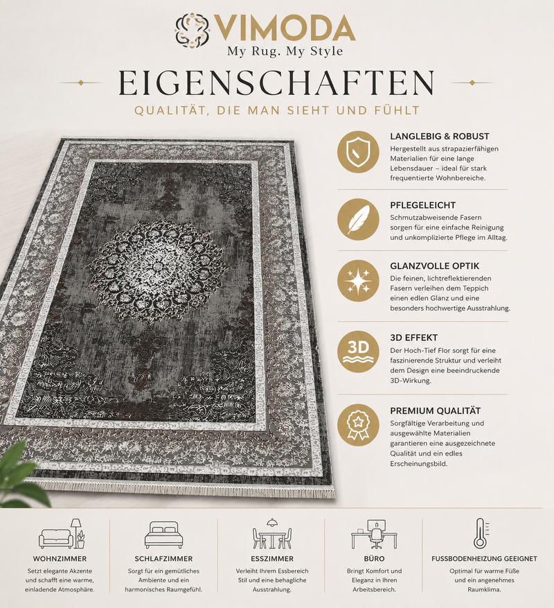 Short-pile rug, modern rug with ornamental pattern – easy to care for & durable – suitable for underfloor heating-zoom-