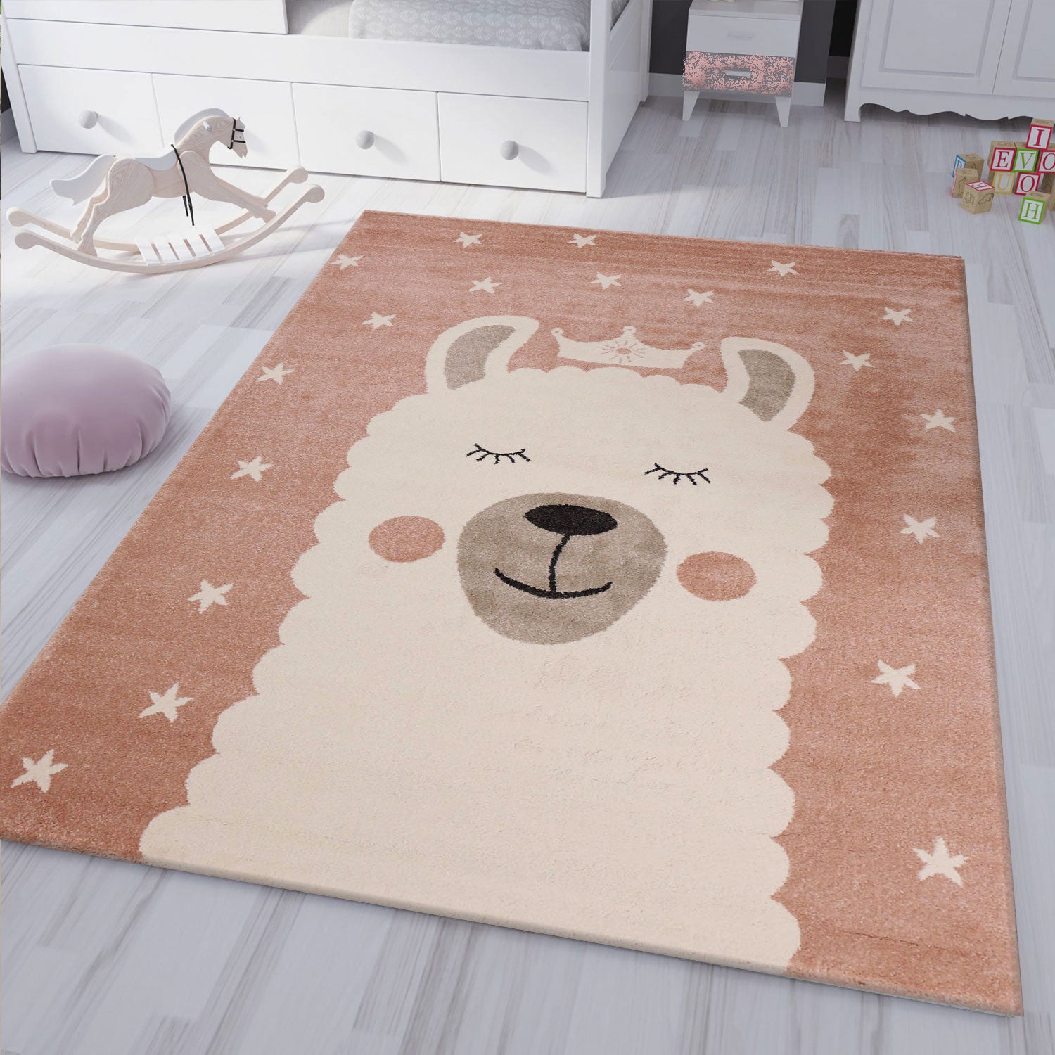 Children's rug, llama, king, stars, playroom, nursery, pink, cream, short pile, soft, fluffy