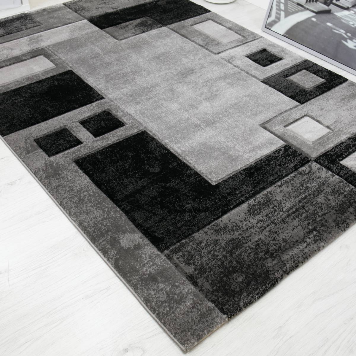 Designer living room rug, grey checkered with color gradient and contour cut-zoom-3