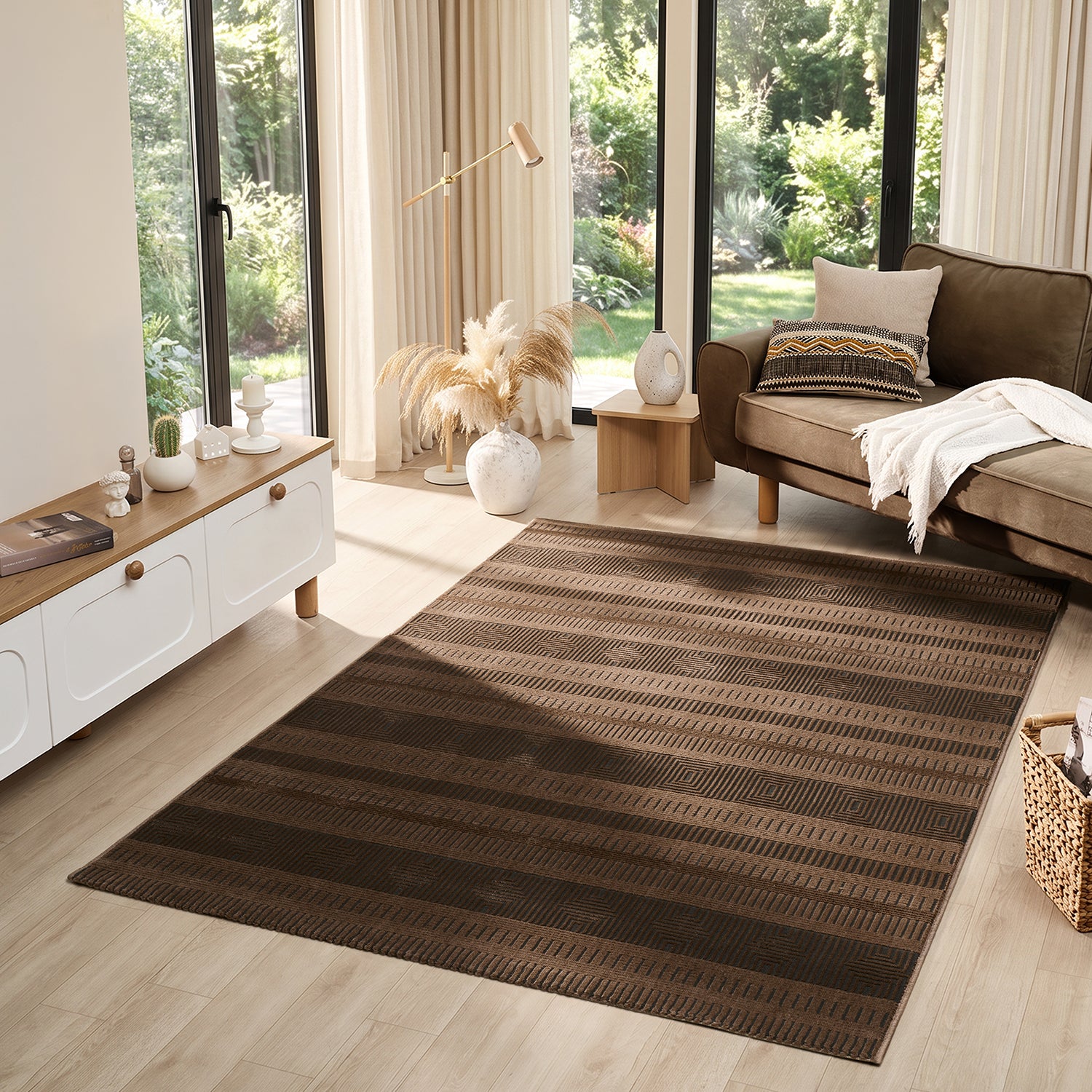 Teppich Modern Wohnzimmer Schlafzimmer Boho 3D Effekt Hoch&Tief Pflegeleicht in Braun-zoom-1