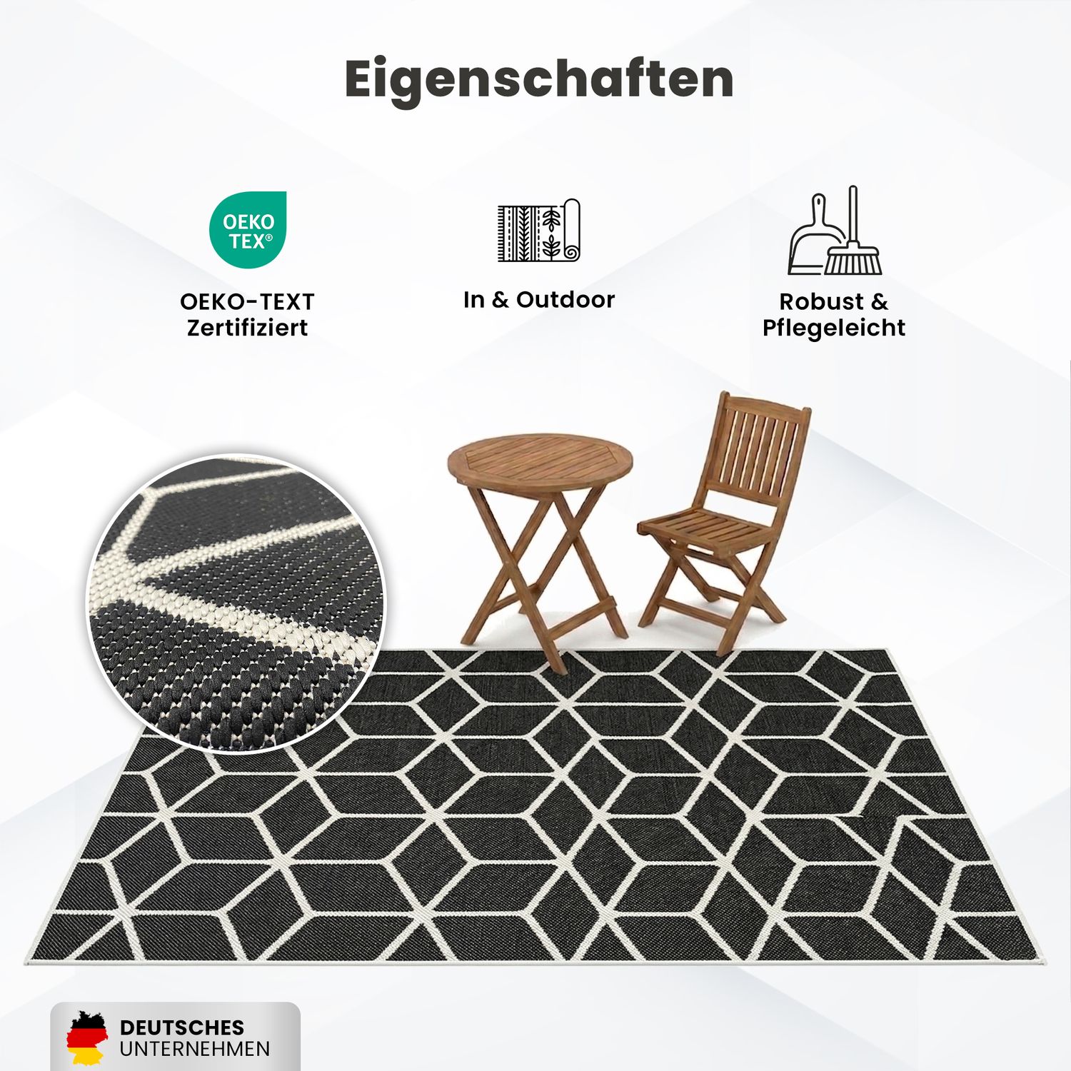 Carpet with diamond pattern, suitable for indoor and outdoor use, robust flat weave, 100% polypropylene, black-zoom-5