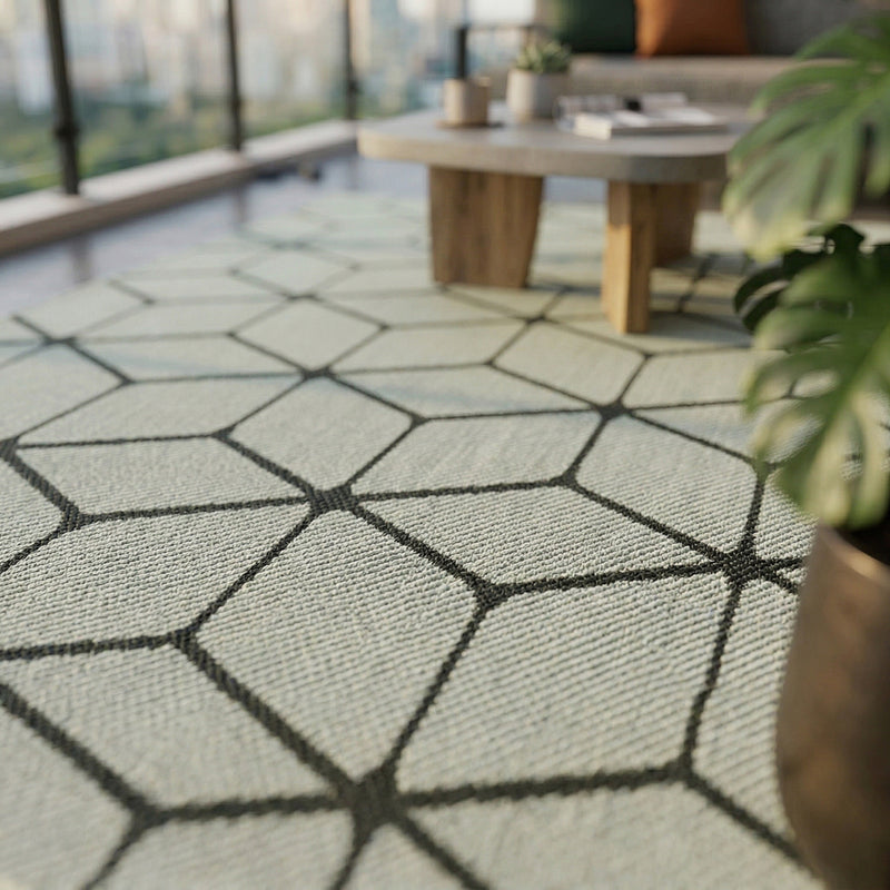 Teppich Rauten Muster In- und Outdoor Tauglich Robuster Flachgewebe 100% Polypropylen Weiß-zoom-