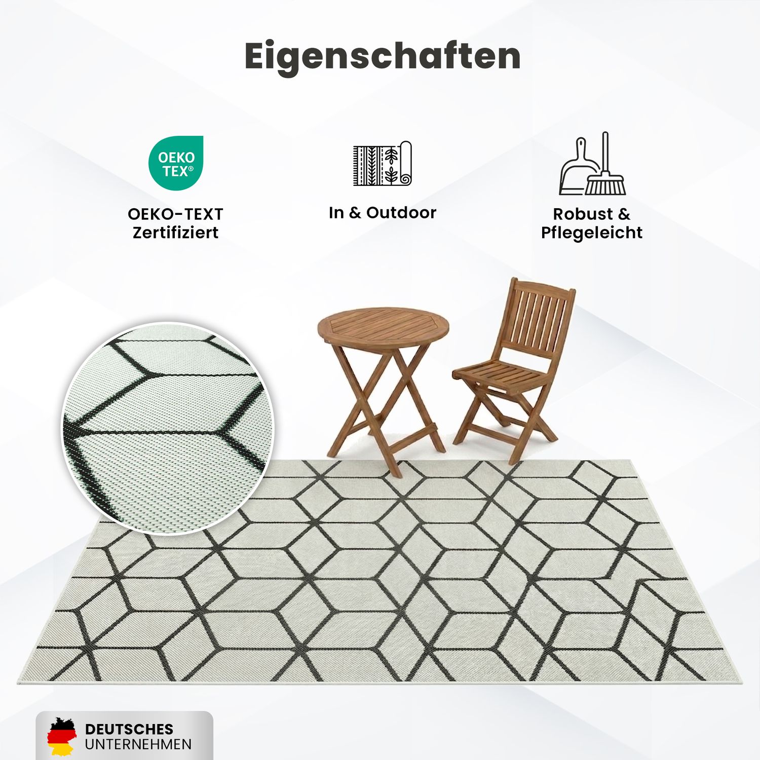 Teppich Rauten Muster In- und Outdoor Tauglich Robuster Flachgewebe 100% Polypropylen Weiß-zoom-5
