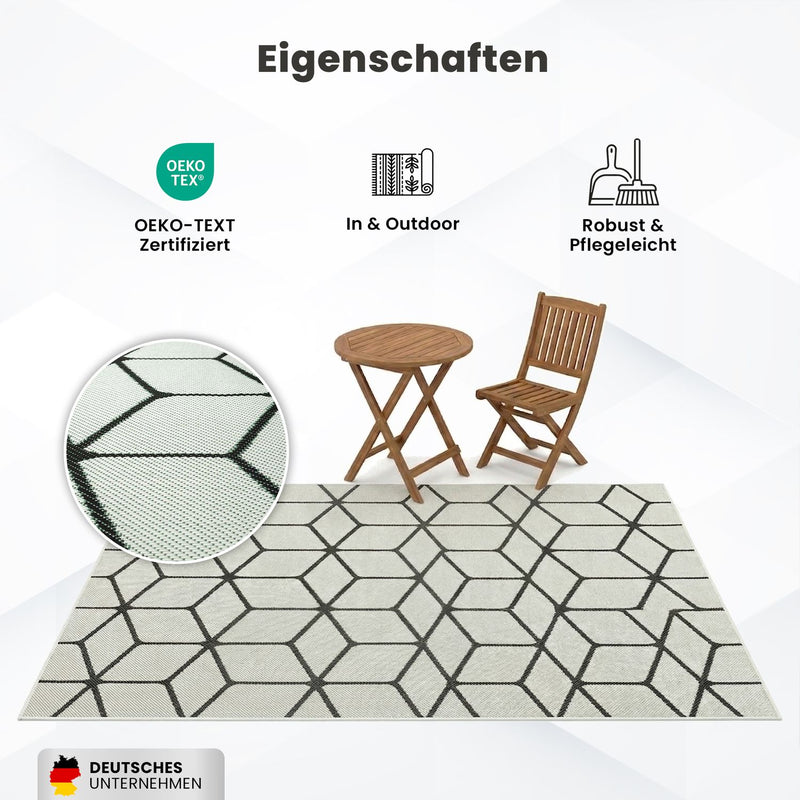 Teppich Rauten Muster In- und Outdoor Tauglich Robuster Flachgewebe 100% Polypropylen Weiß-zoom-