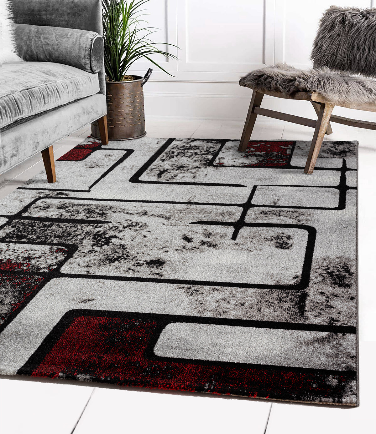 Teppich Rot Wohnzimmer Vintage Kurzflor Geometrisch Muster Abstrakt Meliert