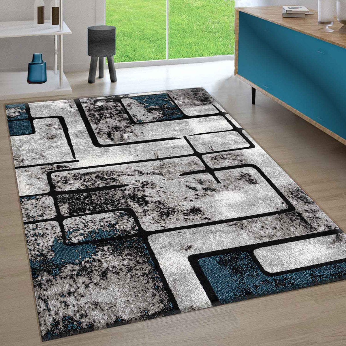 Rug Turquoise Grey Living Room Vintage Short Pile Geometric Pattern Abstract Mottled