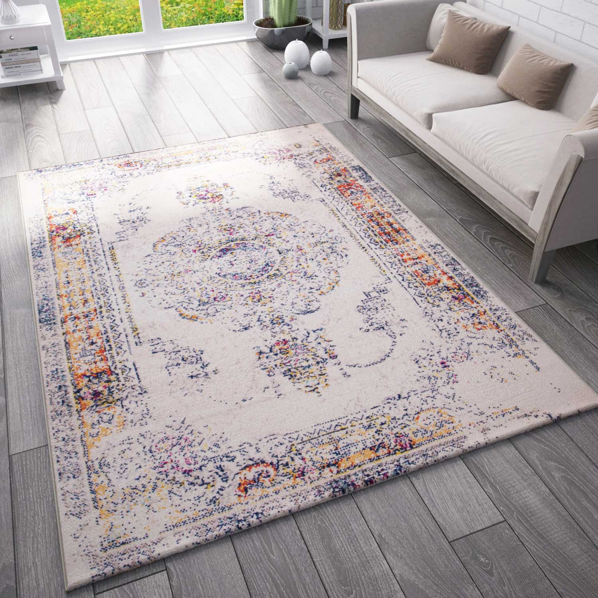 Vintage look designer short-pile rug cream new