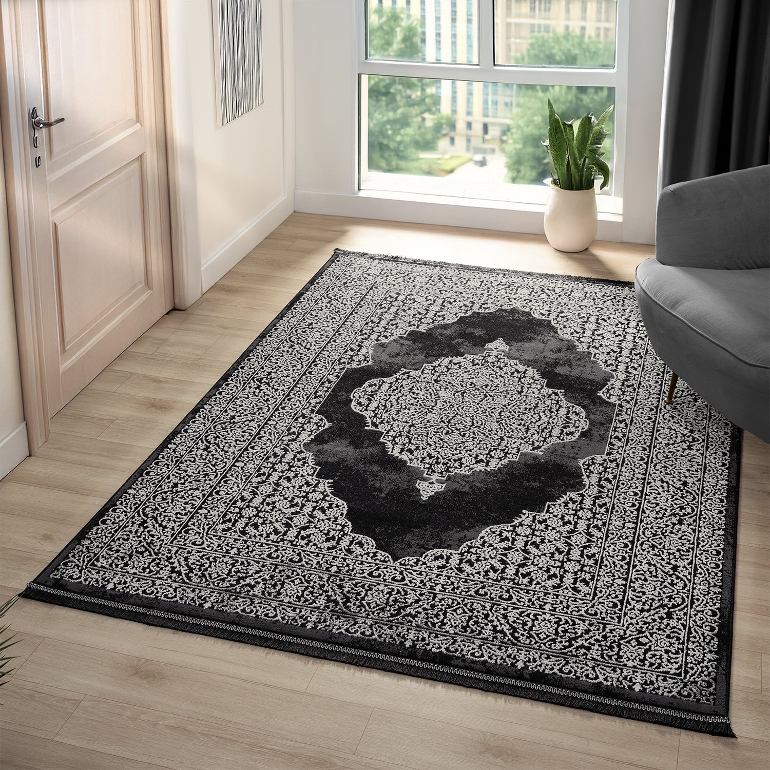 Living room rug with ornamental pattern, elegant golden accent, high-quality, easy-care-7