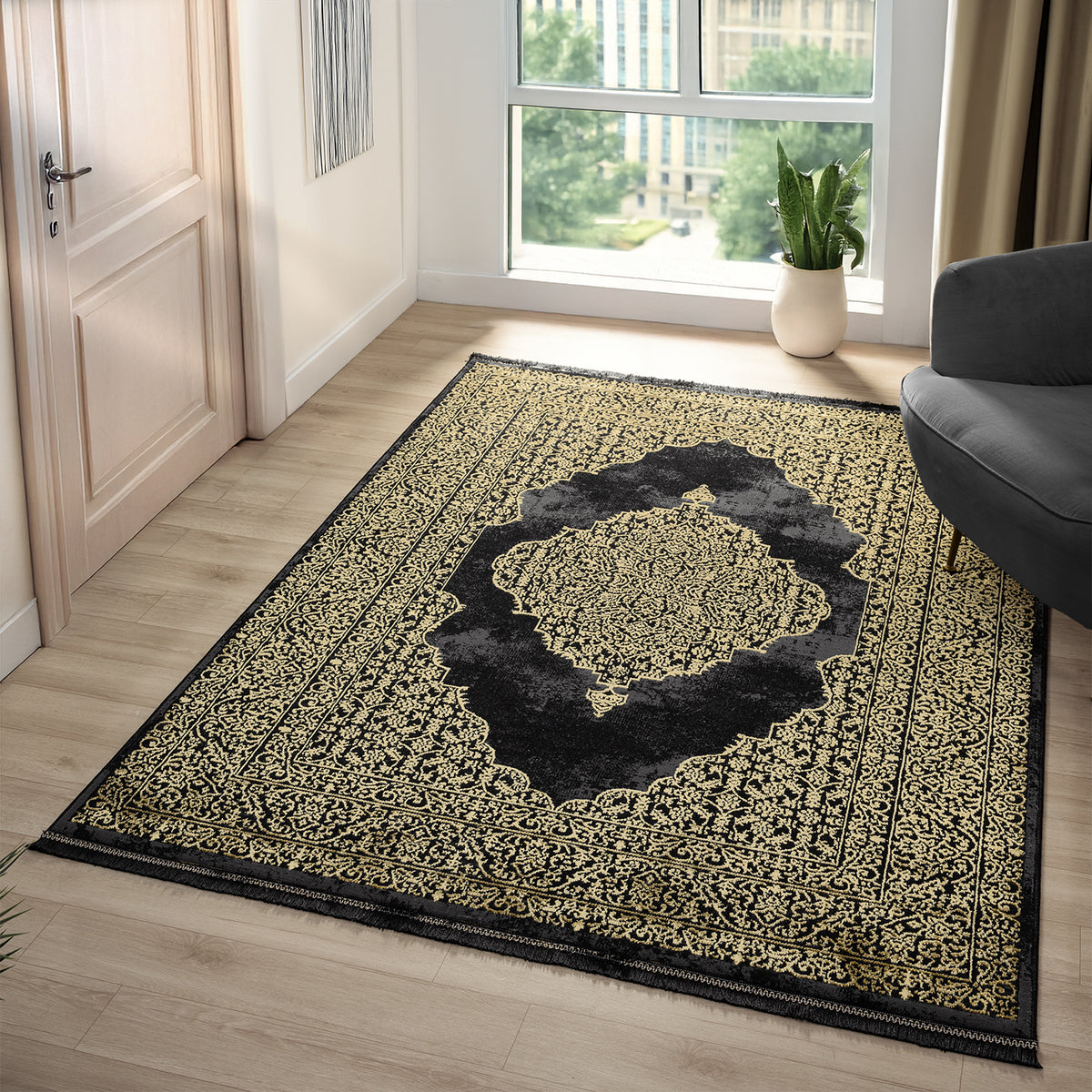 Teppich Wohnzimmer mit Ornament-Muster Elegant goldenes Akzent, Hochwe