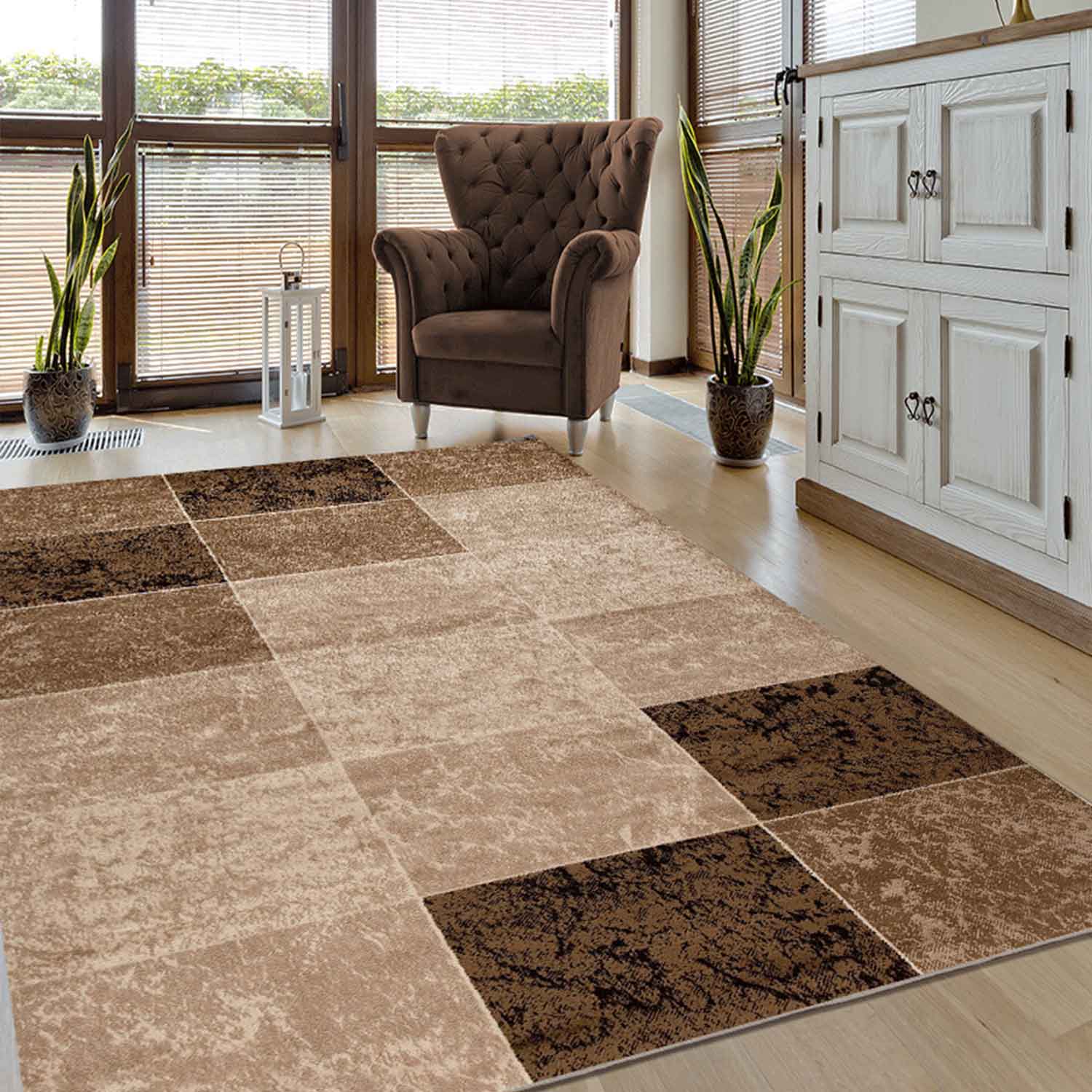 Teppich Wohnzimmer Beige Moderner Designer Teppich Marmor Muster Kariert und Meliert-1