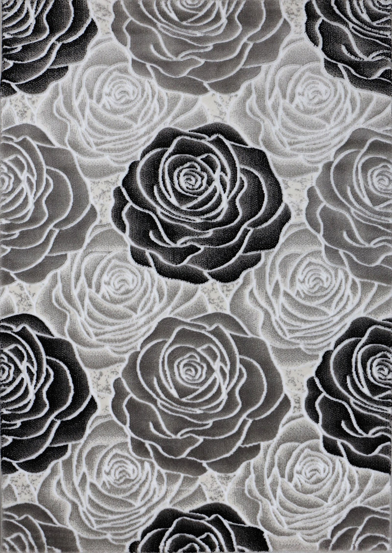 Living room rug floral rose pattern in pink, hot pink, cream, gray, black, anthracite with glossy fiber-zoom-