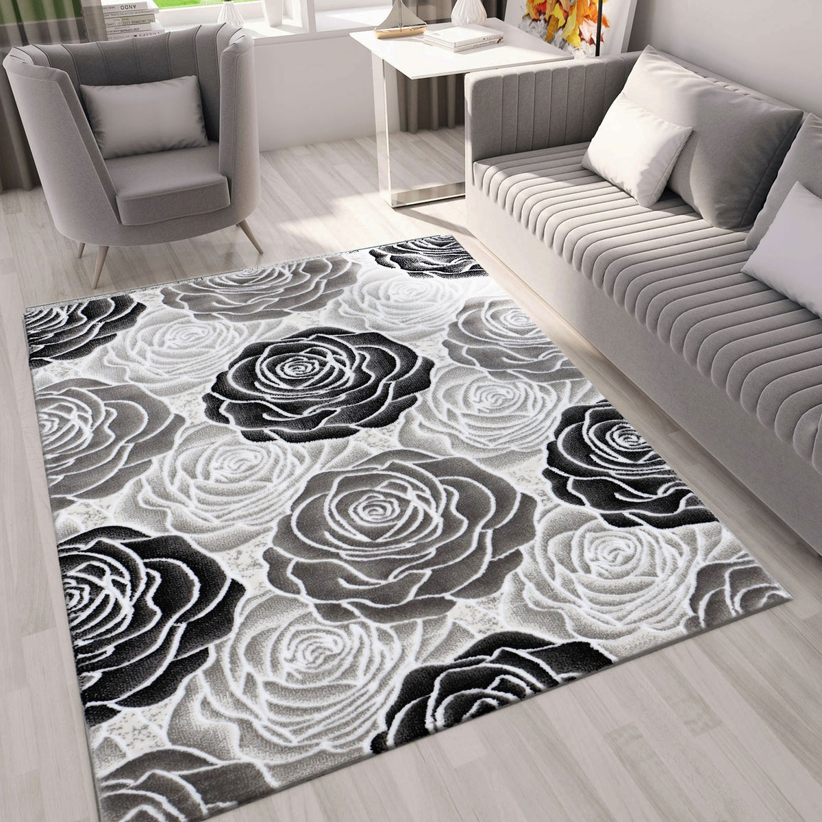 Living room rug floral rose pattern in pink, hot pink, cream, gray, black, anthracite with glossy fiber-7