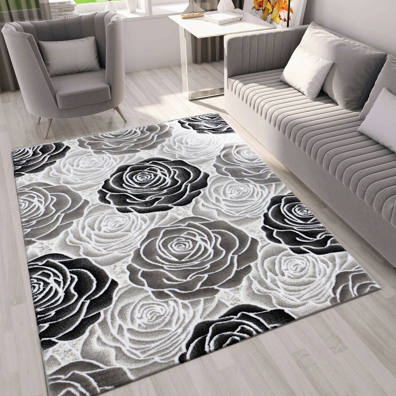 Living room rug floral rose pattern in pink, hot pink, cream, gray, black, anthracite with glossy fiber-zoom-