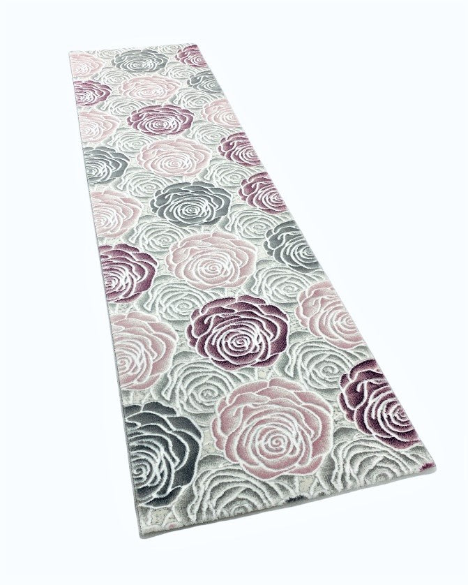 Living room rug floral rose pattern in pink, hot pink, cream, gray, black, anthracite with glossy fiber-zoom-