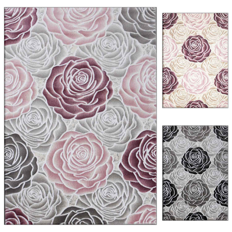 Living room rug floral rose pattern in pink, hot pink, cream, gray, black, anthracite with glossy fiber-zoom-