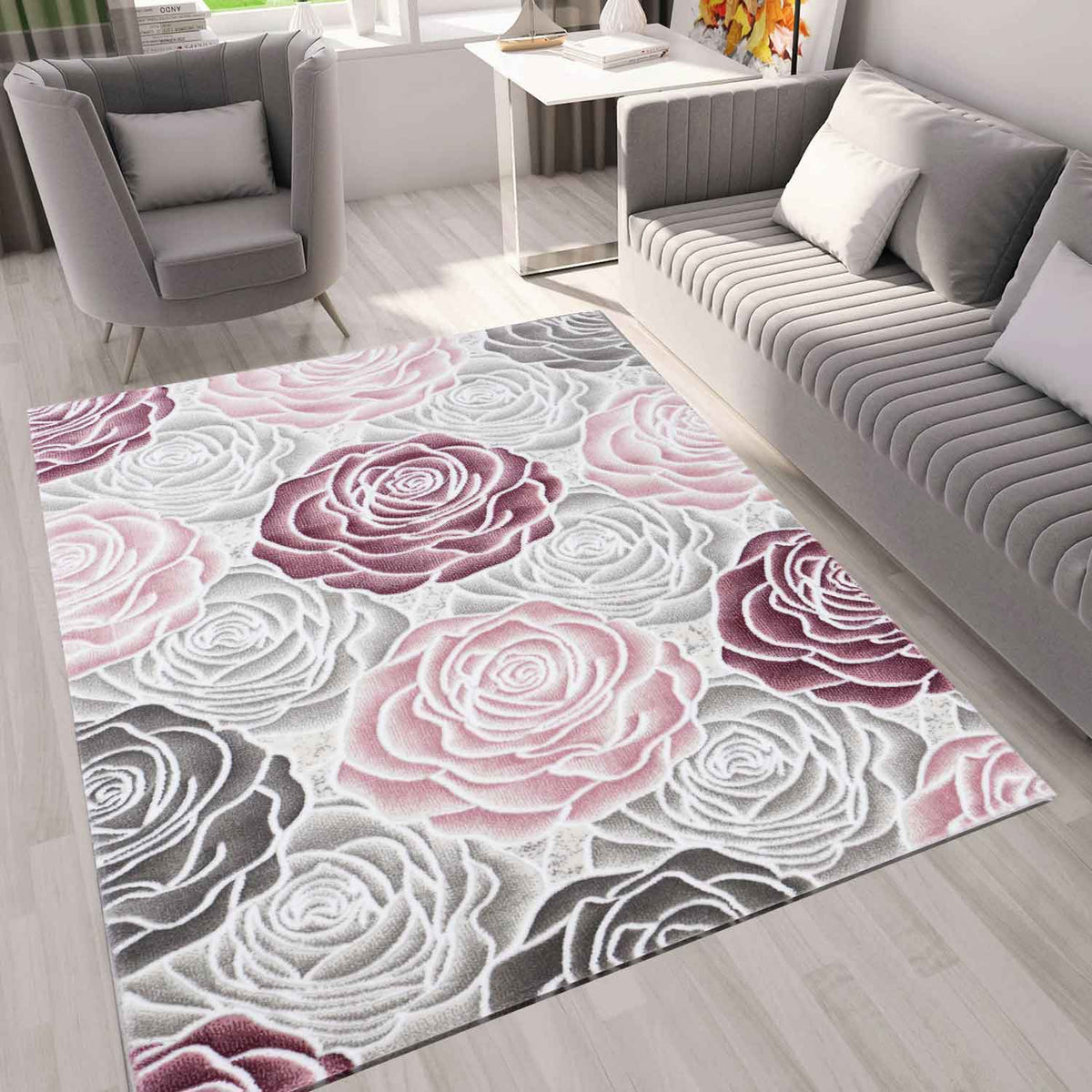 Living room rug floral rose pattern in pink, hot pink, cream, gray, black, anthracite with glossy fiber-2