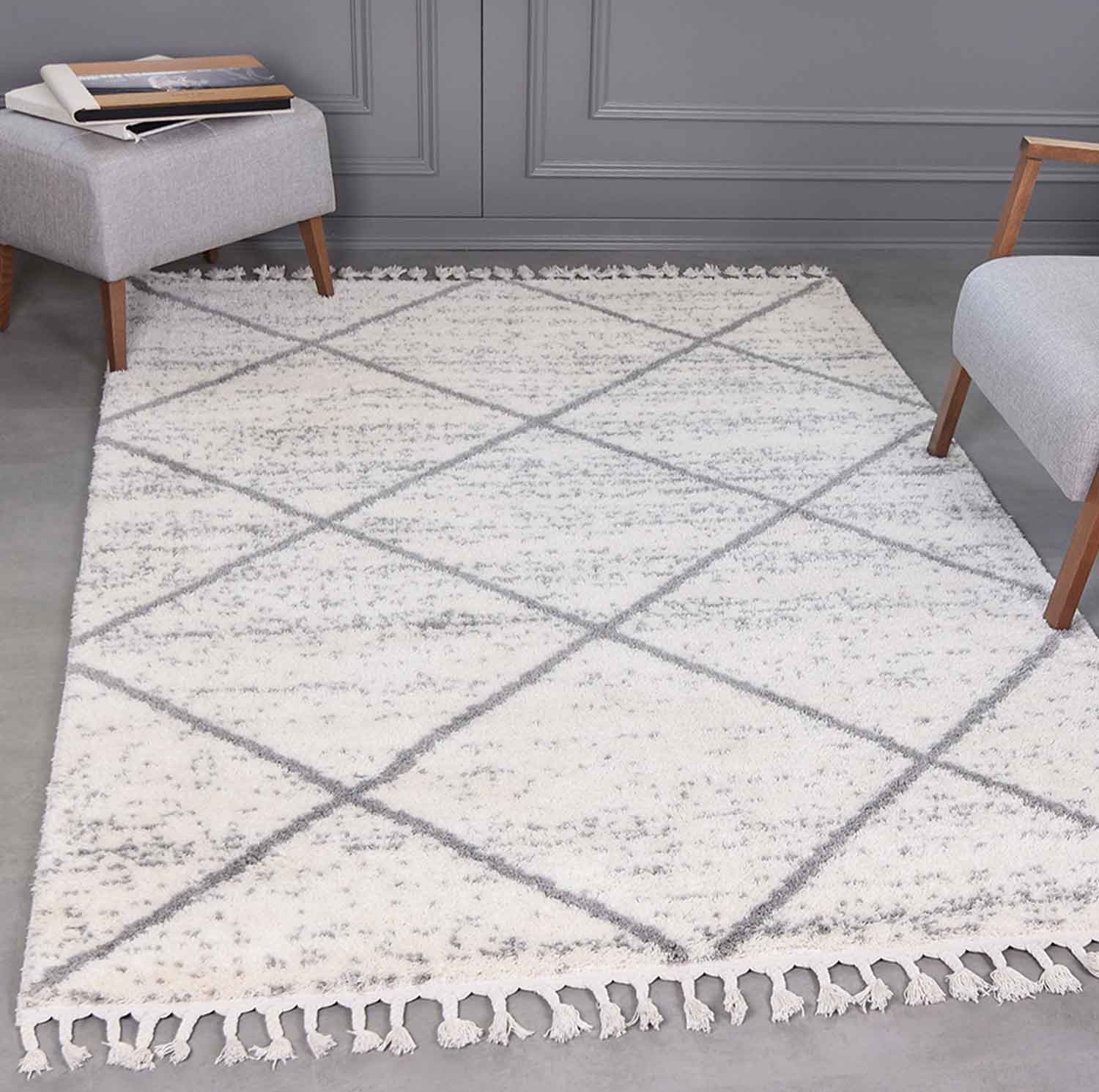 Teppich Wohnzimmer Mikrofiber Weich Meliert mit Fransen Grau & Creme