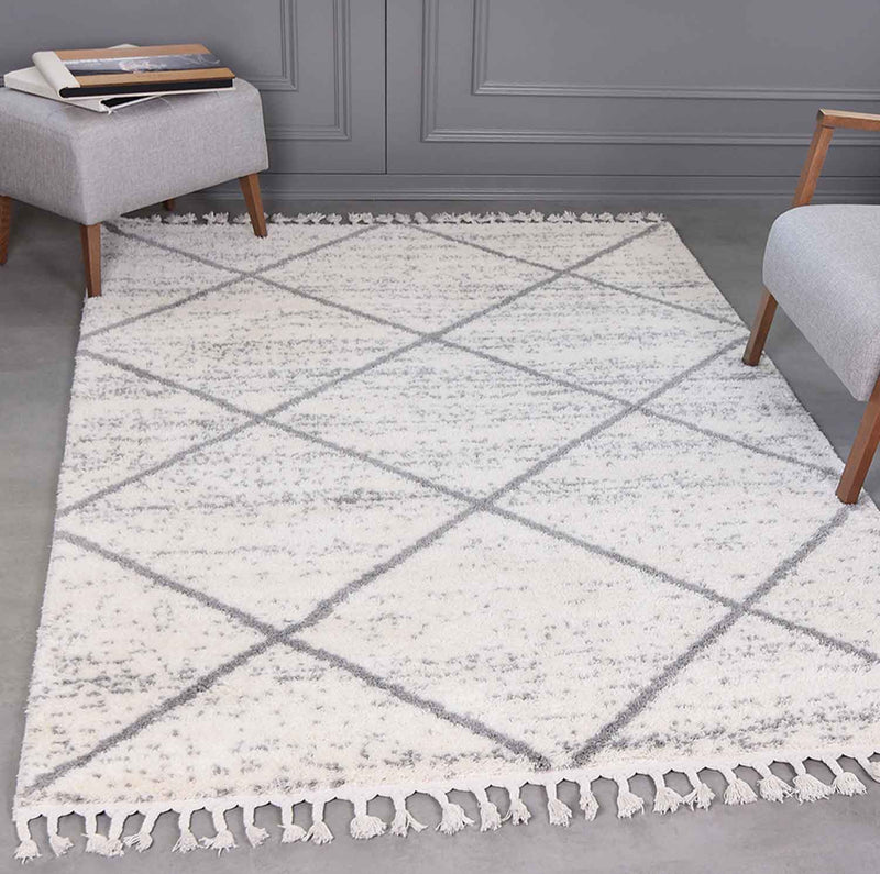 Teppich Wohnzimmer Mikrofiber Weich Meliert mit Fransen Grau & Creme-zoom-