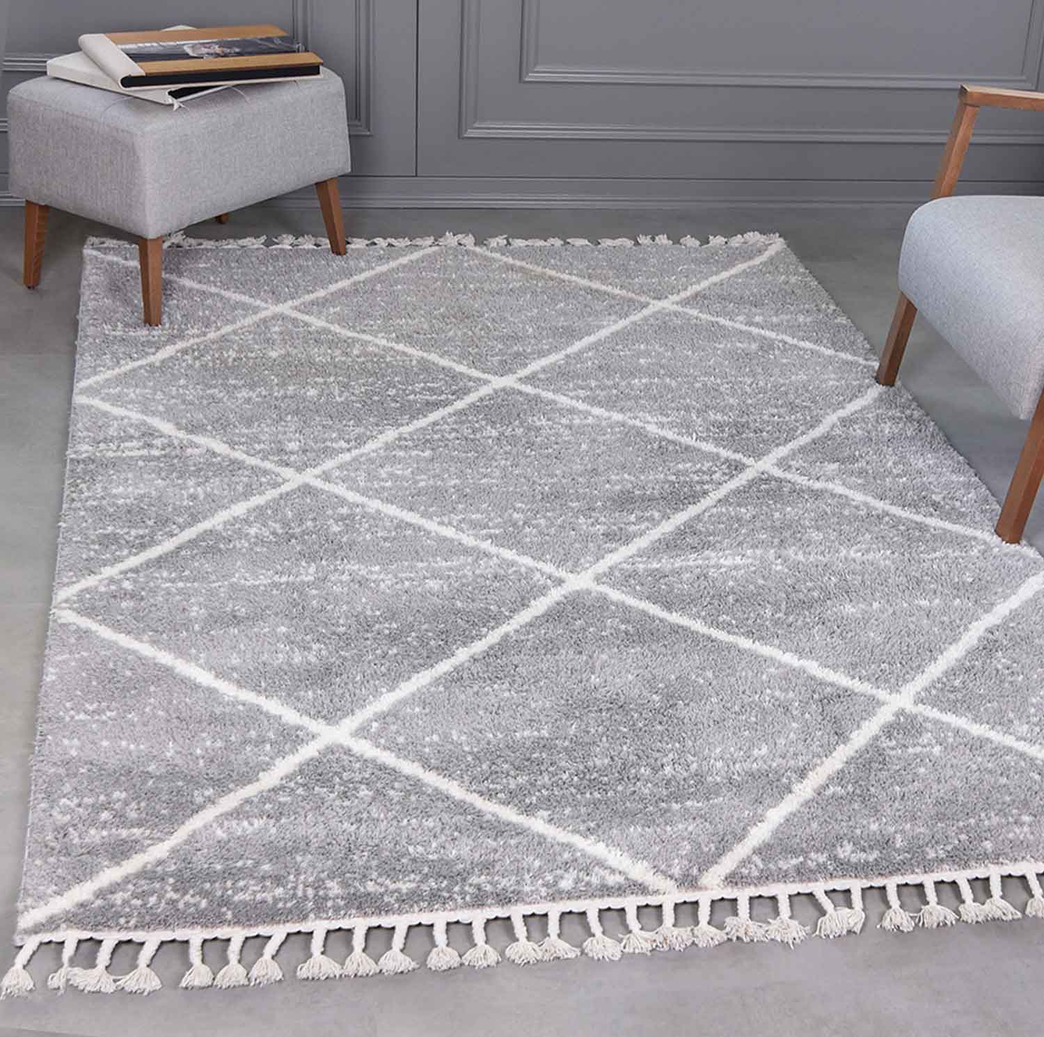 Teppich Wohnzimmer Mikrofiber Weich Meliert mit Fransen Grau & Creme