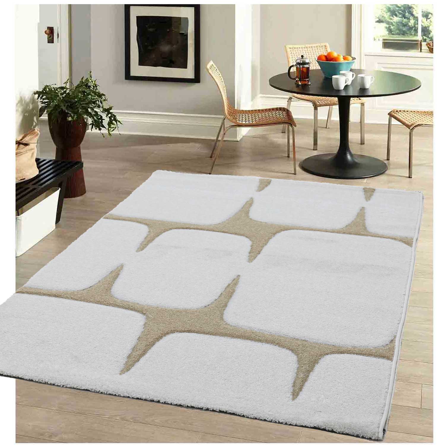 Teppich Wohnzimmer Modern Steinoptik mit handgeschnittenen Konturen Creme Beige