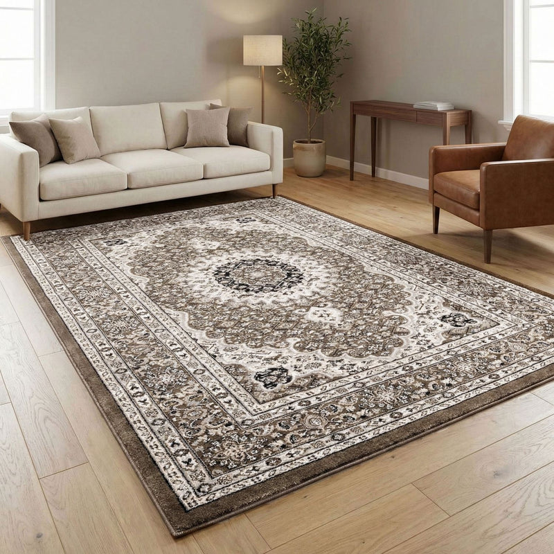 Teppich Wohnzimmer Orient Stil Ornament Bordüre Braun Beige-zoom-