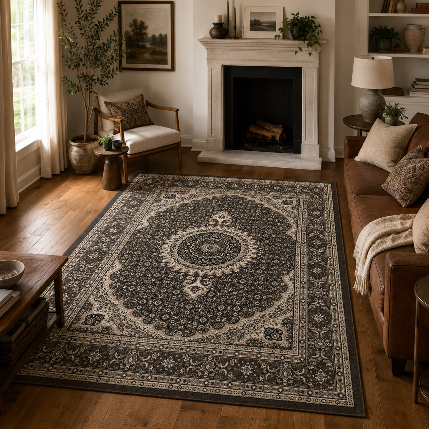 Living room rug, oriental style, ornamental border, brown and beige-3