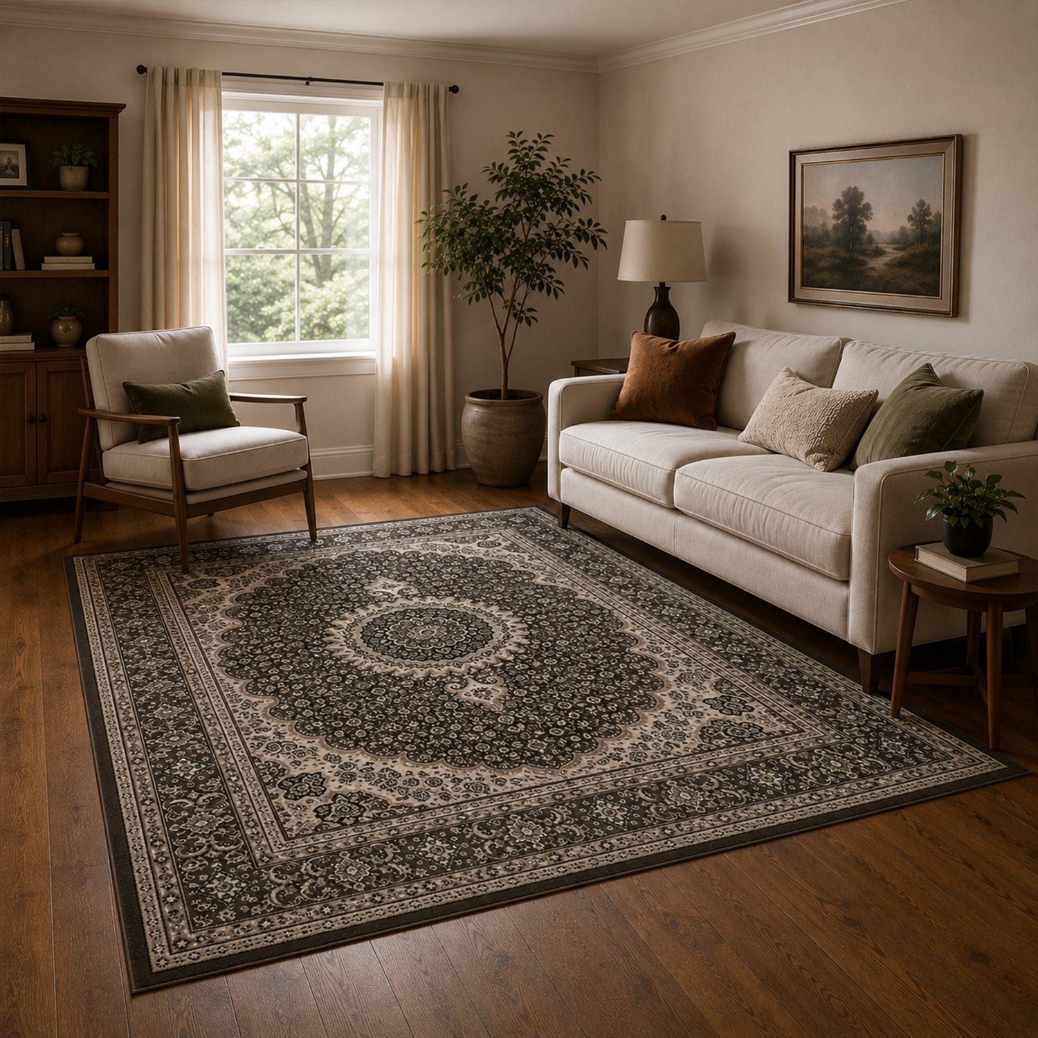 Living room rug, oriental style, ornamental border, brown and beige-zoom-2