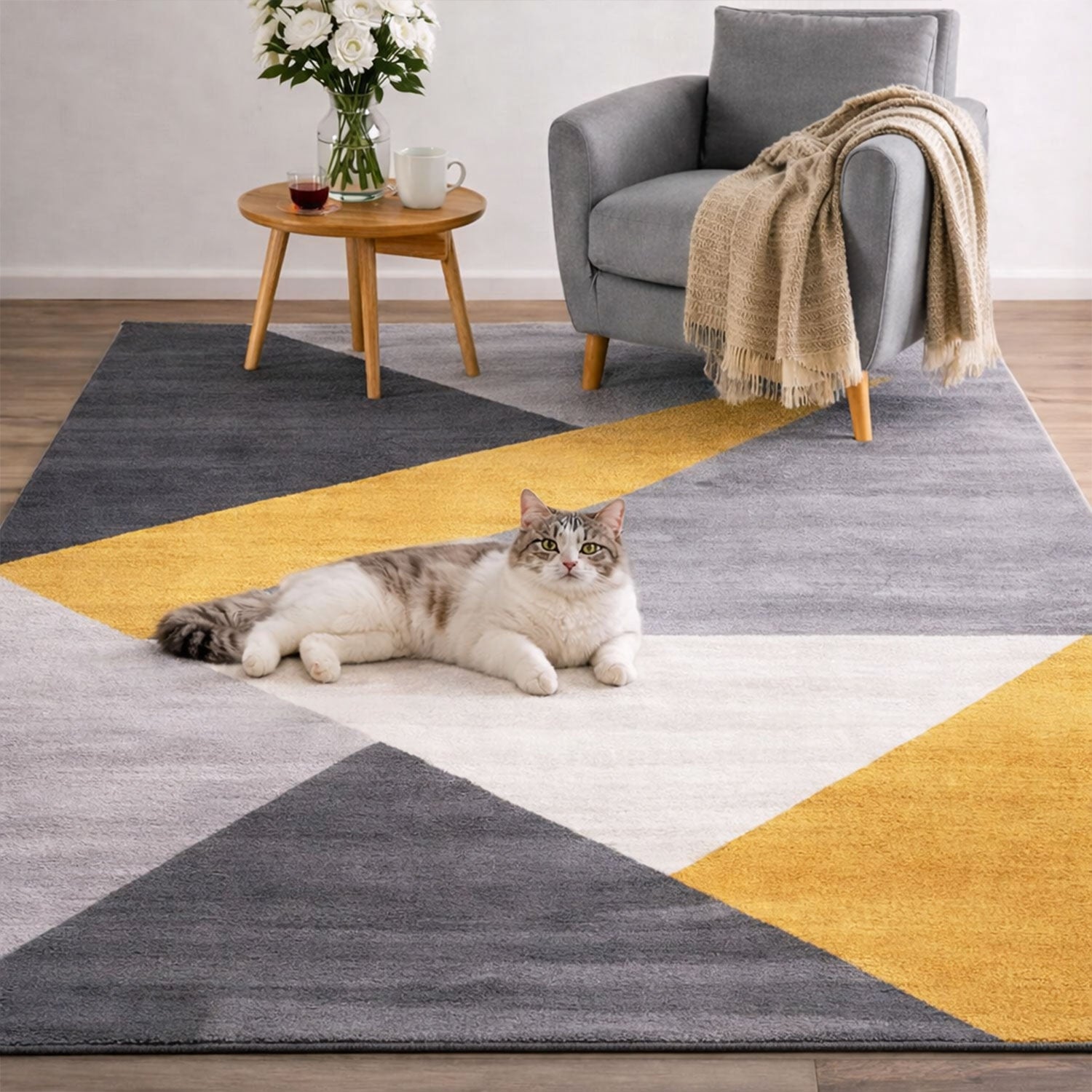 Carpet for living room, bedroom, hallway, geometric pattern, yellow-zoom-2