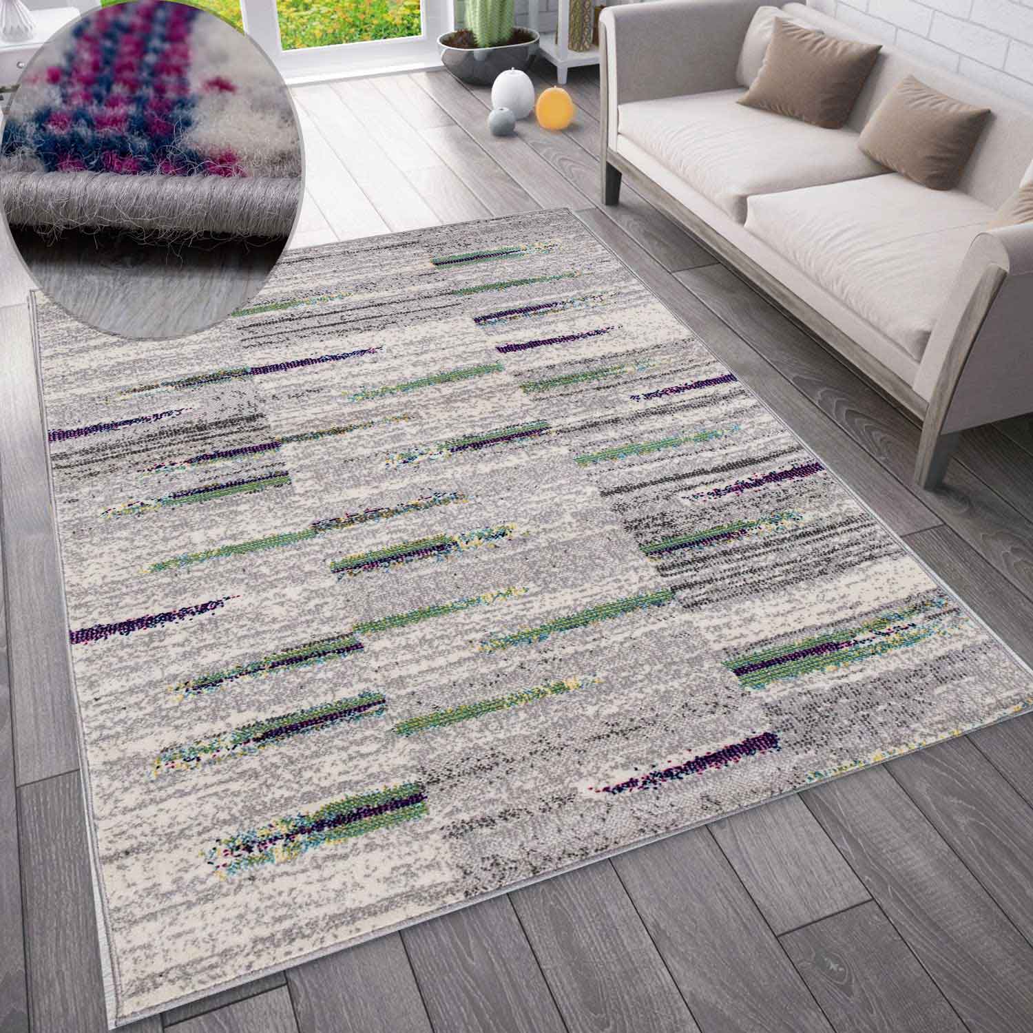 Teppich Wohnzimmer Schlafzimmer Flur Teppich Gestreift Muster in Grau & Gelb