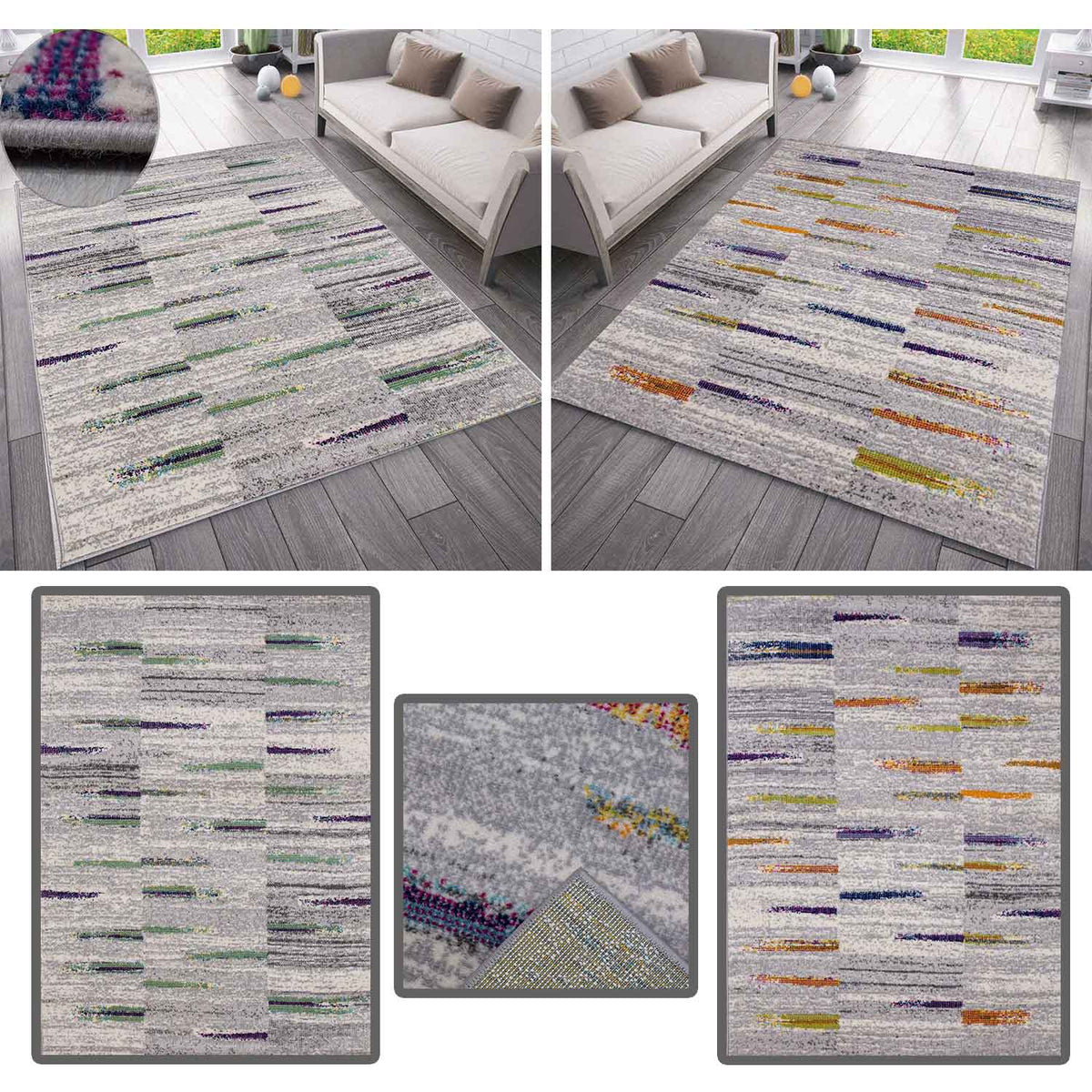 Teppich Wohnzimmer Schlafzimmer Flur Teppich Gestreift Muster in Grau & Gelb-1