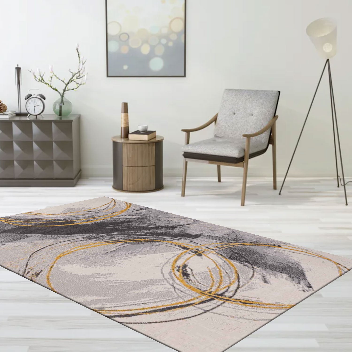 Carpet for living room, bedroom, hallway, short pile carpet with swirl pattern in yellow and cream