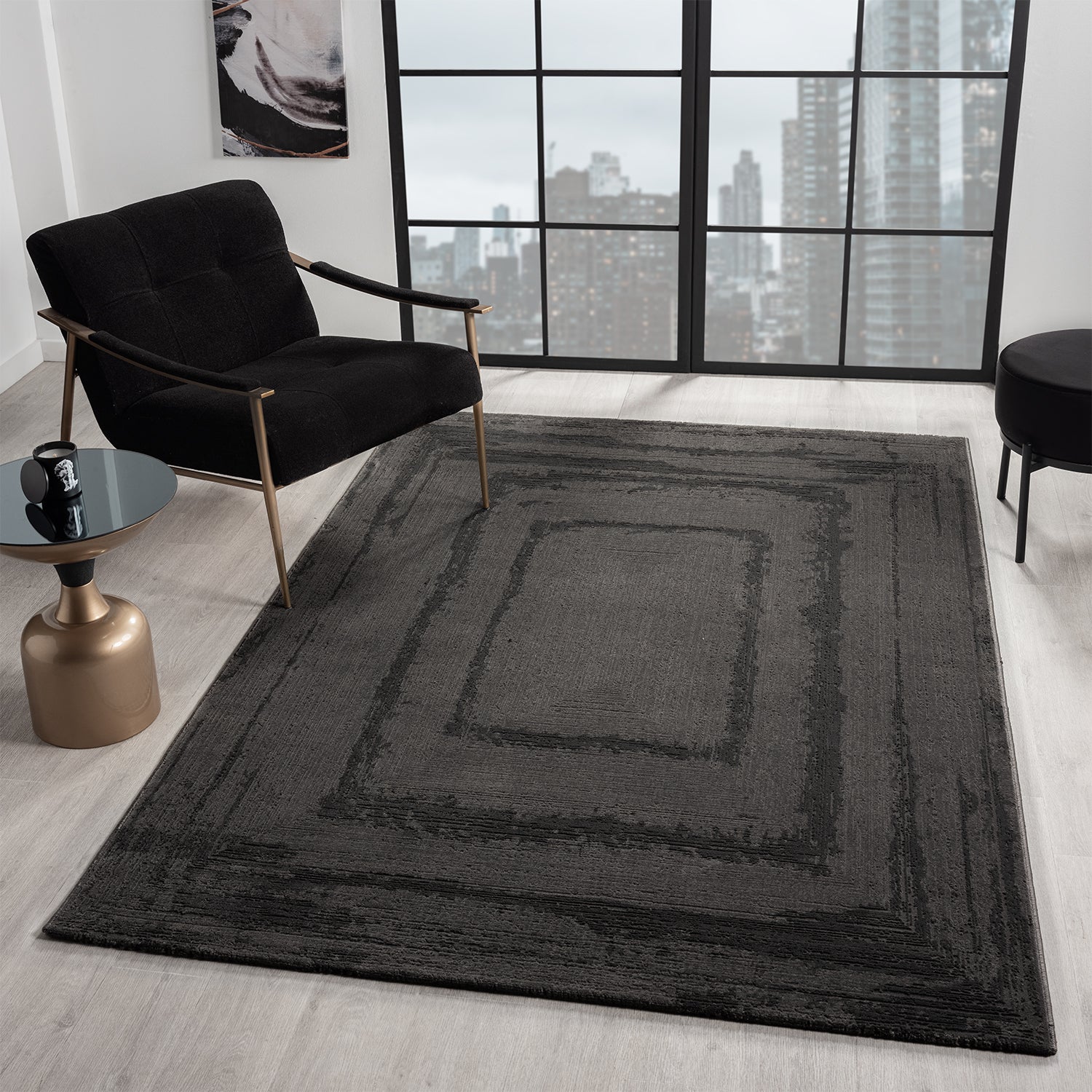 Premium Teppich Wohnzimmer Schlafzimmer Modern Hoch&Tief Bordüre – Kurzflor Teppich mit 3D Effekt