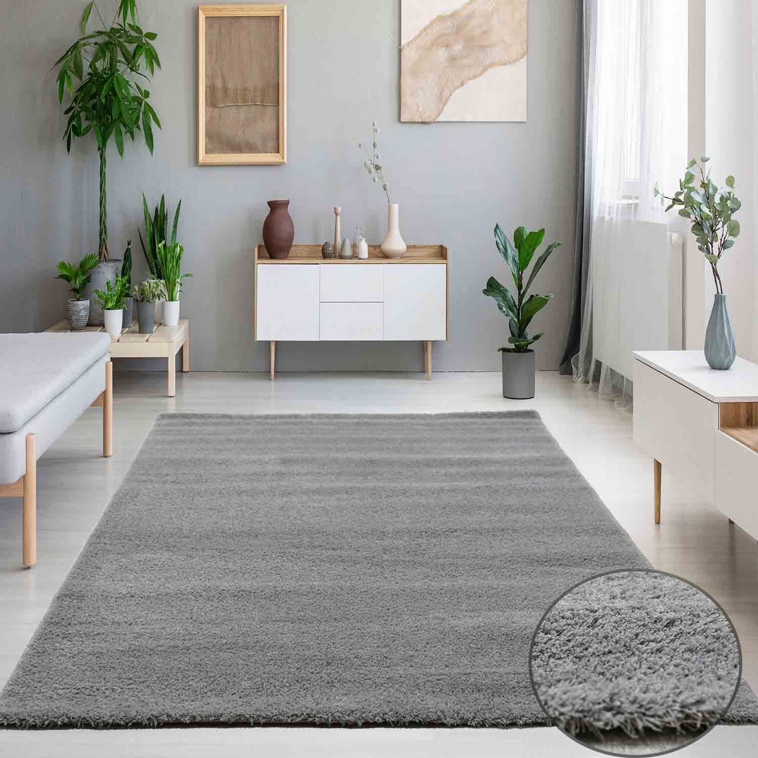 Living room rug in light grey, fluffy microfiber, densely woven - soft-zoom-1