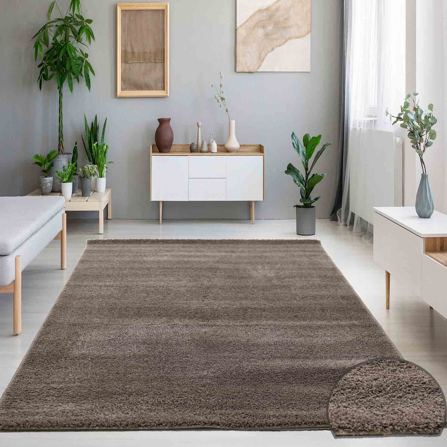 Teppich Wohnzimmer in L.Braun Flauschig Microfaser Dicht gewebt-Weich