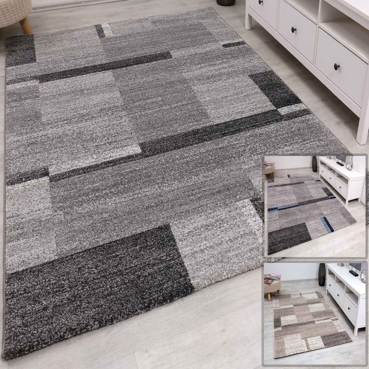 Teppich Wohnzimmer kariert dicht gewebt und weich Klassisch Modern melierter Farbverlauf verschiedene Farben