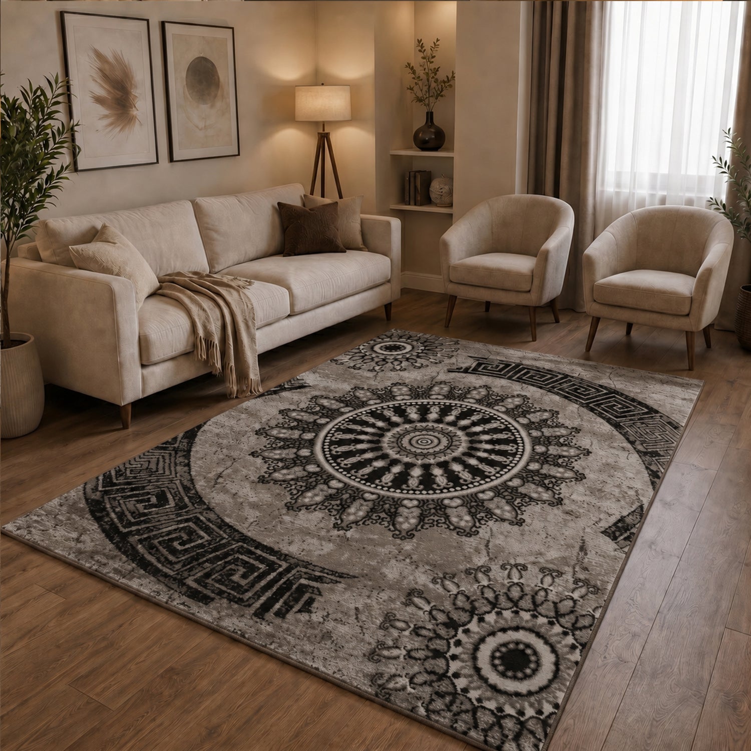 Teppich kurzflor Klassisch Orient Design Vintage Mandala Dunkelbraun Braun Beige, für Wohnzimmer, Schlafzimmer