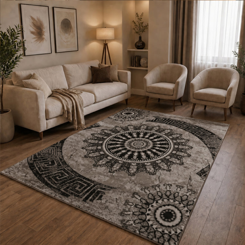 Teppich kurzflor Klassisch Orient Design Vintage Mandala Dunkelbraun Braun Beige, für Wohnzimmer, Schlafzimmer-zoom-