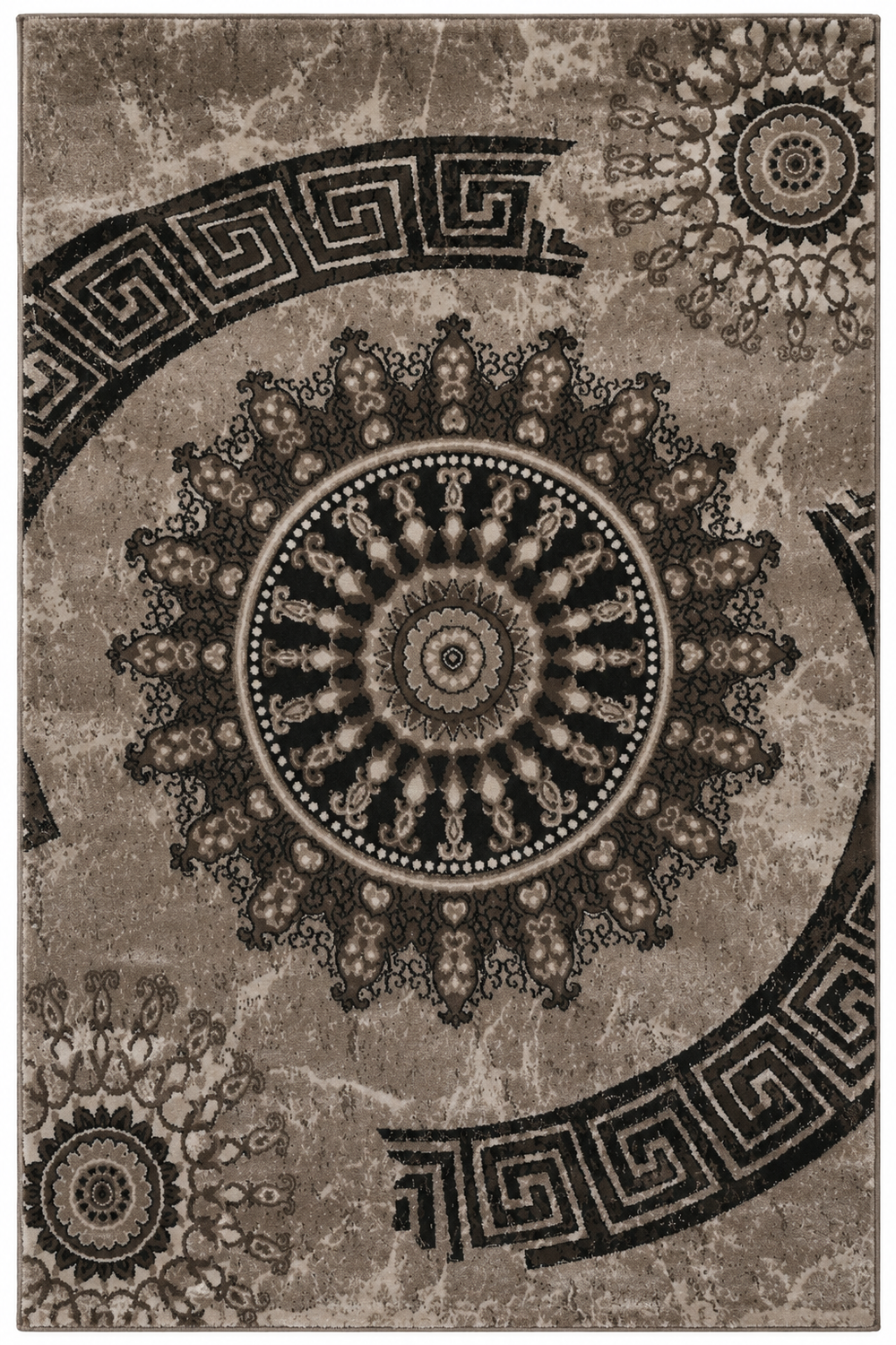 Short-pile rug, classic oriental design, vintage mandala, dark brown, brown, beige, for living room, bedroom