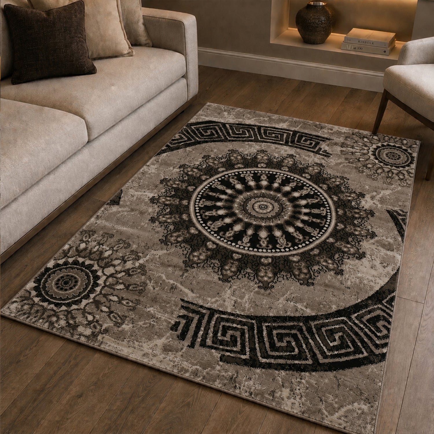 Teppich kurzflor Klassisch Orient Design Vintage Mandala Dunkelbraun Braun Beige, für Wohnzimmer, Schlafzimmer-zoom-4