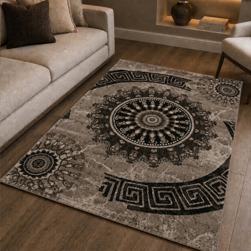 Teppich kurzflor Klassisch Orient Design Vintage Mandala Dunkelbraun Braun Beige, für Wohnzimmer, Schlafzimmer-zoom-