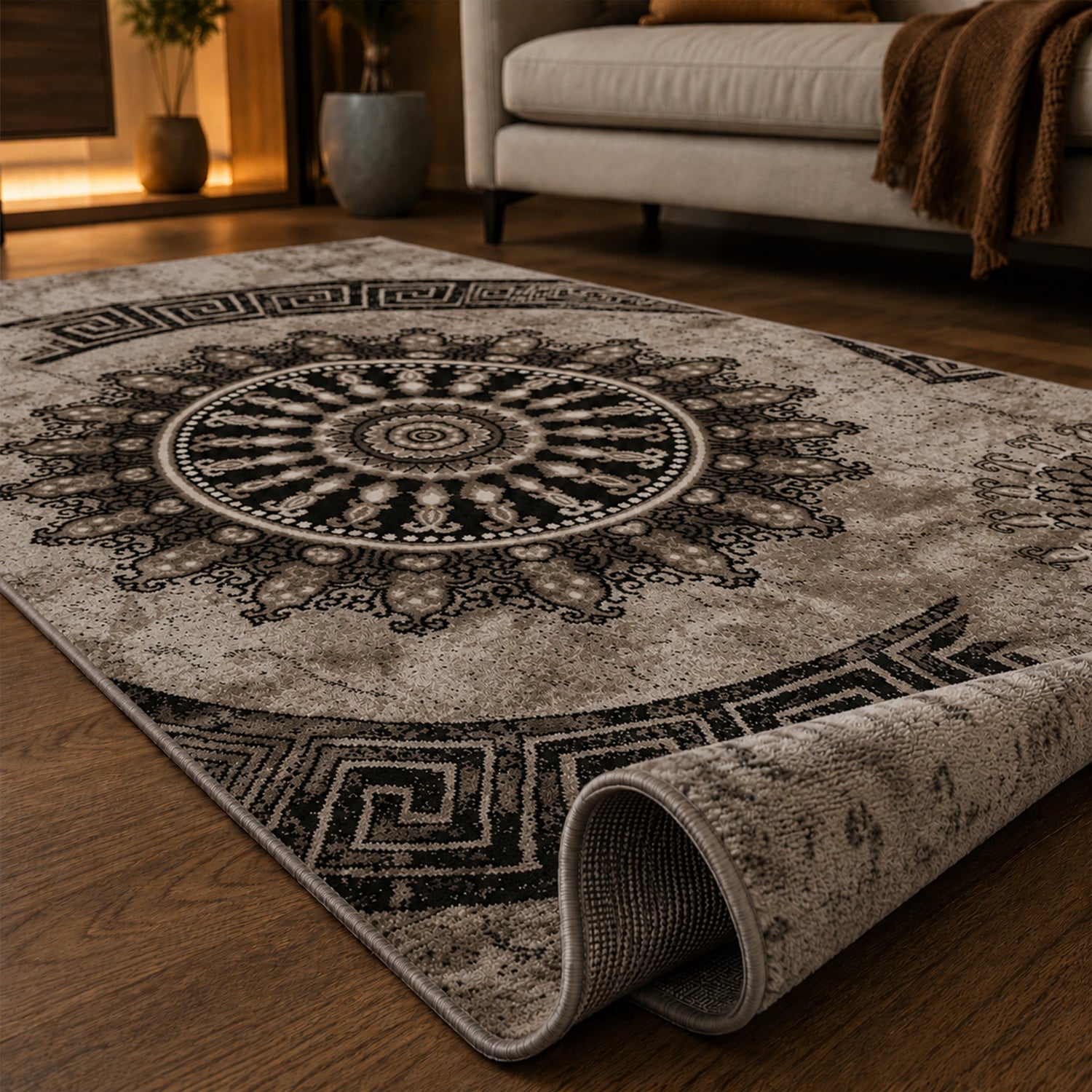 Teppich kurzflor Klassisch Orient Design Vintage Mandala Dunkelbraun Braun Beige, für Wohnzimmer, Schlafzimmer-3