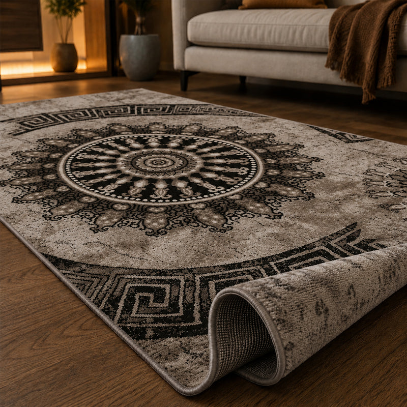 Teppich kurzflor Klassisch Orient Design Vintage Mandala Dunkelbraun Braun Beige, für Wohnzimmer, Schlafzimmer-zoom-