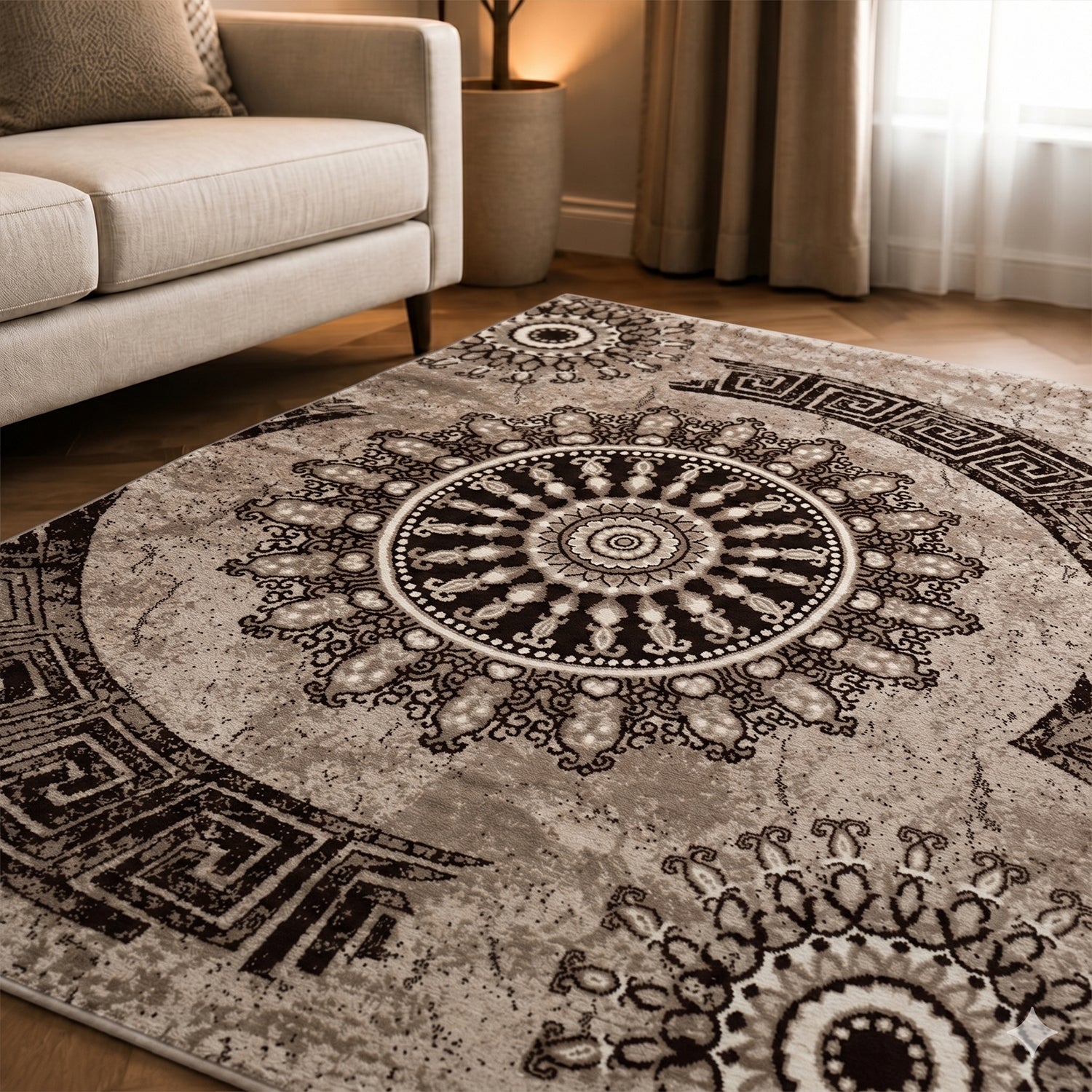 Teppich kurzflor Klassisch Orient Design Vintage Mandala Dunkelbraun Braun Beige, für Wohnzimmer, Schlafzimmer-zoom-6