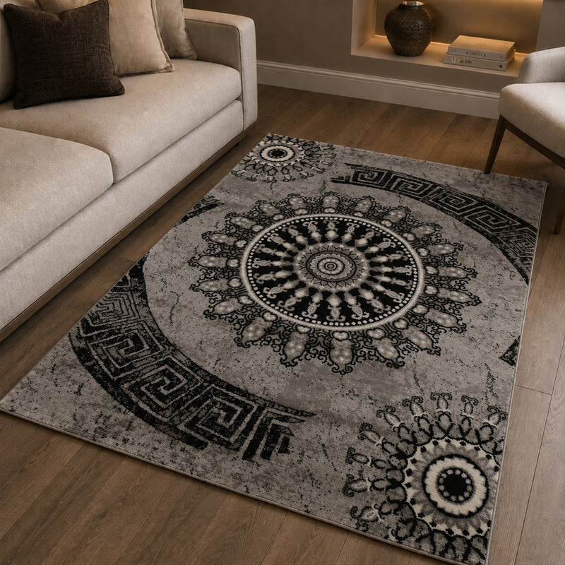 Teppich kurzflor Klassisch Orient Design Vintage Mandala Dunkelbraun Grau Anthrazit, für Wohnzimmer, Schlafzimmer-zoom-