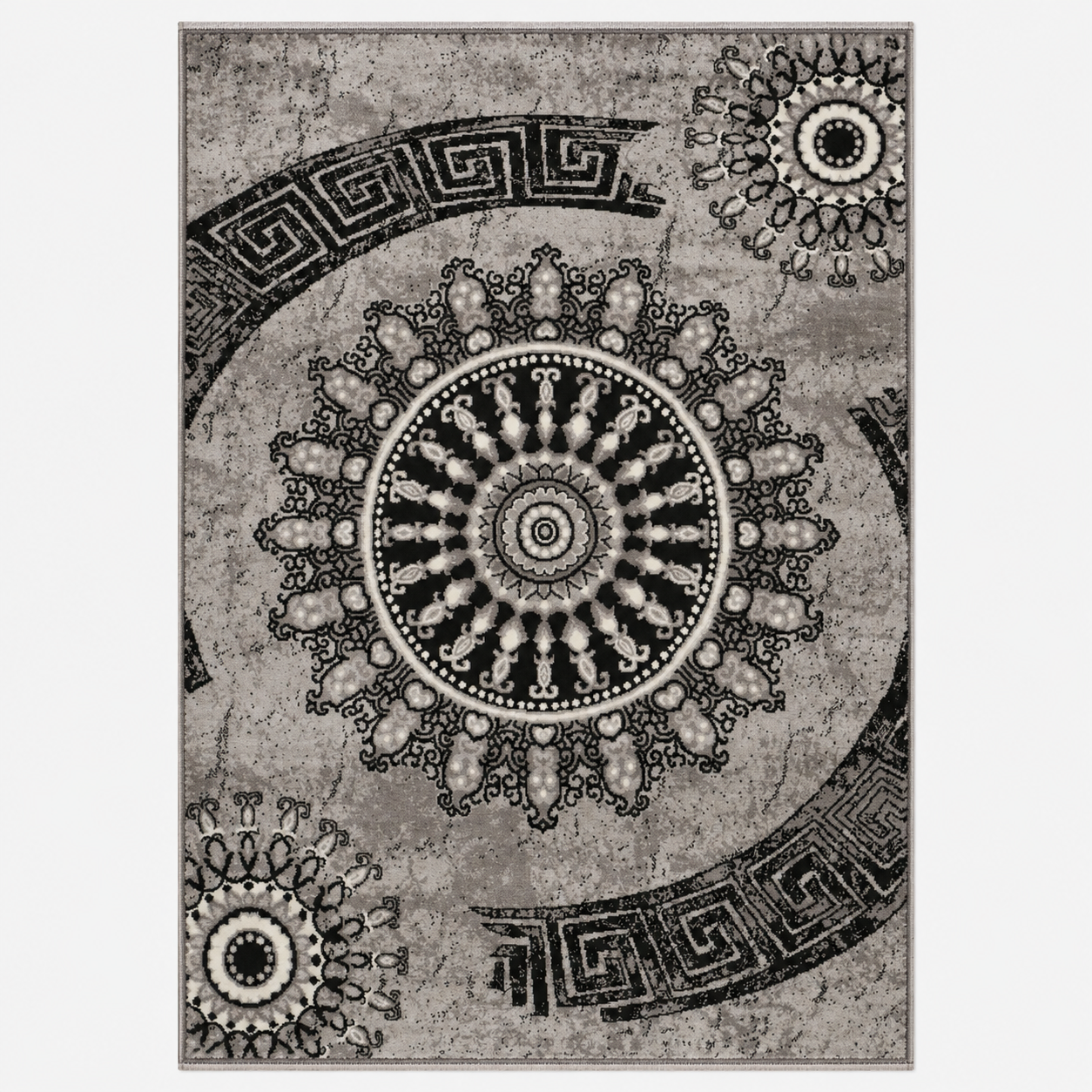 Short-pile rug, classic oriental design, vintage mandala, dark brown, grey, anthracite, for living room, bedroom