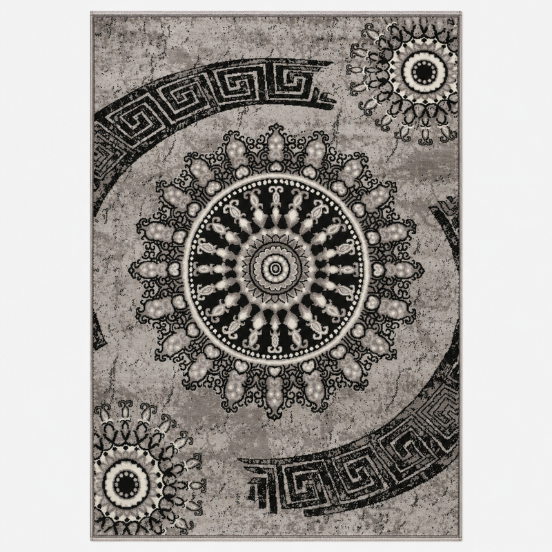 Teppich kurzflor Klassisch Orient Design Vintage Mandala Dunkelbraun Grau Anthrazit, für Wohnzimmer, Schlafzimmer-zoom-