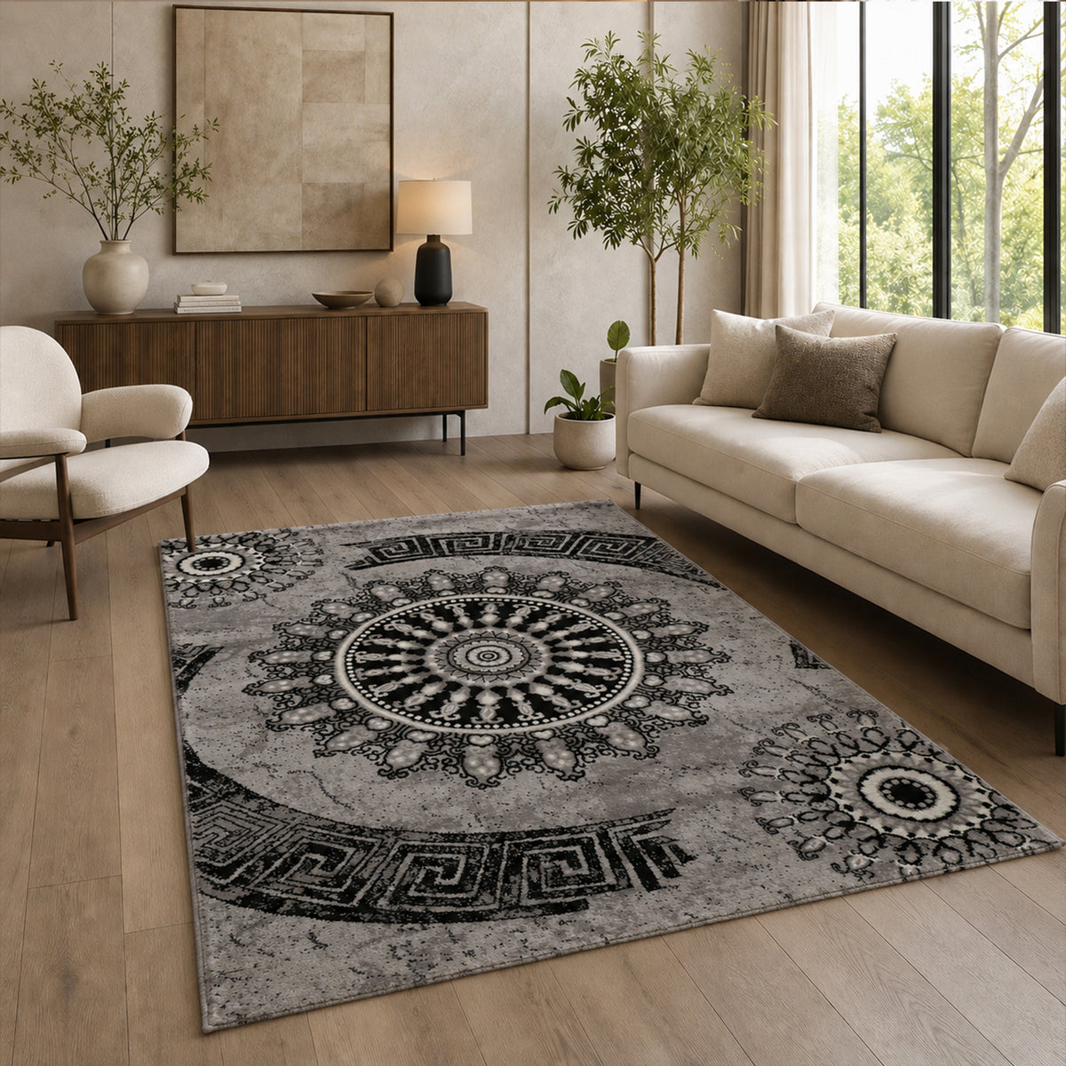 Teppich kurzflor Klassisch Orient Design Vintage Mandala Dunkelbraun Grau Anthrazit, für Wohnzimmer, Schlafzimmer-5