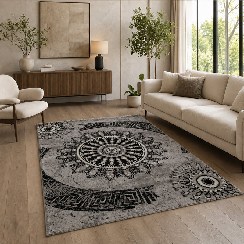 Teppich kurzflor Klassisch Orient Design Vintage Mandala Dunkelbraun Grau Anthrazit, für Wohnzimmer, Schlafzimmer-zoom-